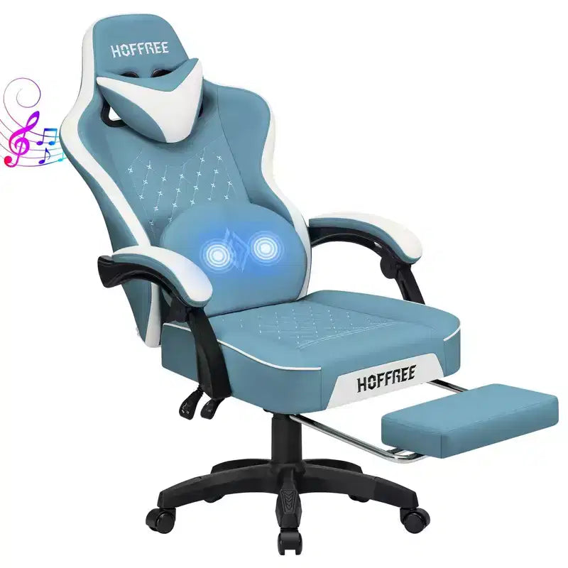 Sillón de masaje Hoffree de piel para juegos, silla ergonómica de oficina para PC con altavoz Bluetooth y reposapiés