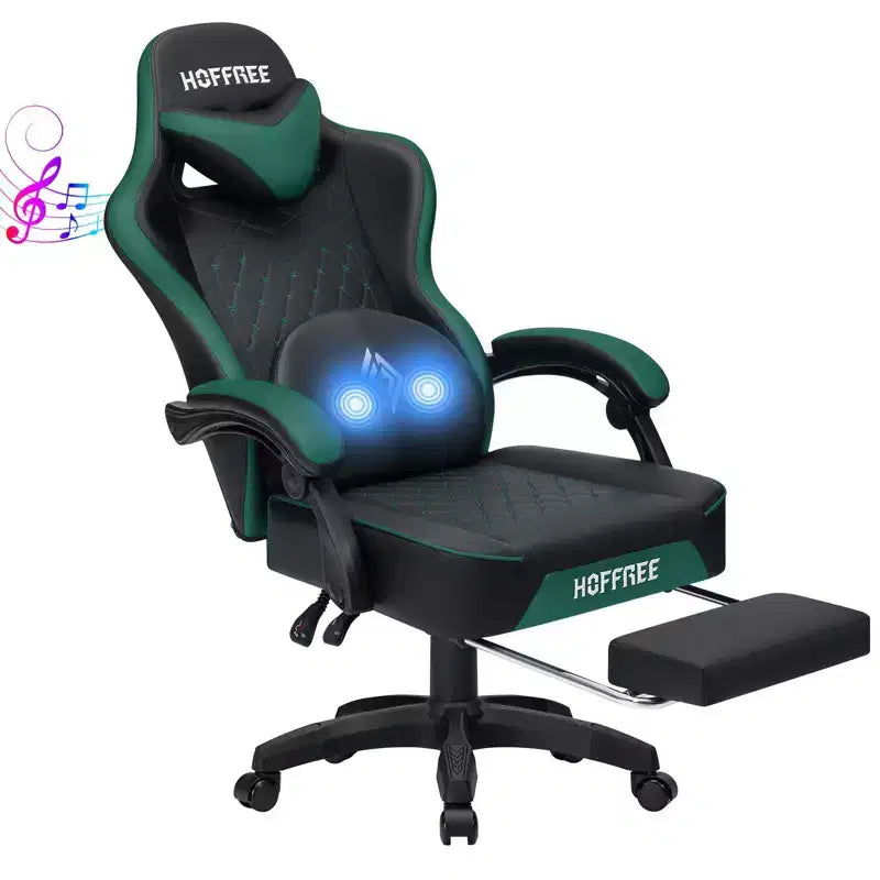Sillón de masaje Hoffree de piel para juegos, silla ergonómica de oficina para PC con altavoz Bluetooth y reposapiés