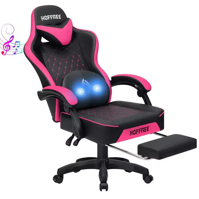 Sillón de masaje Hoffree de piel para juegos, silla ergonómica de oficina para PC con altavoz Bluetooth y reposapiés