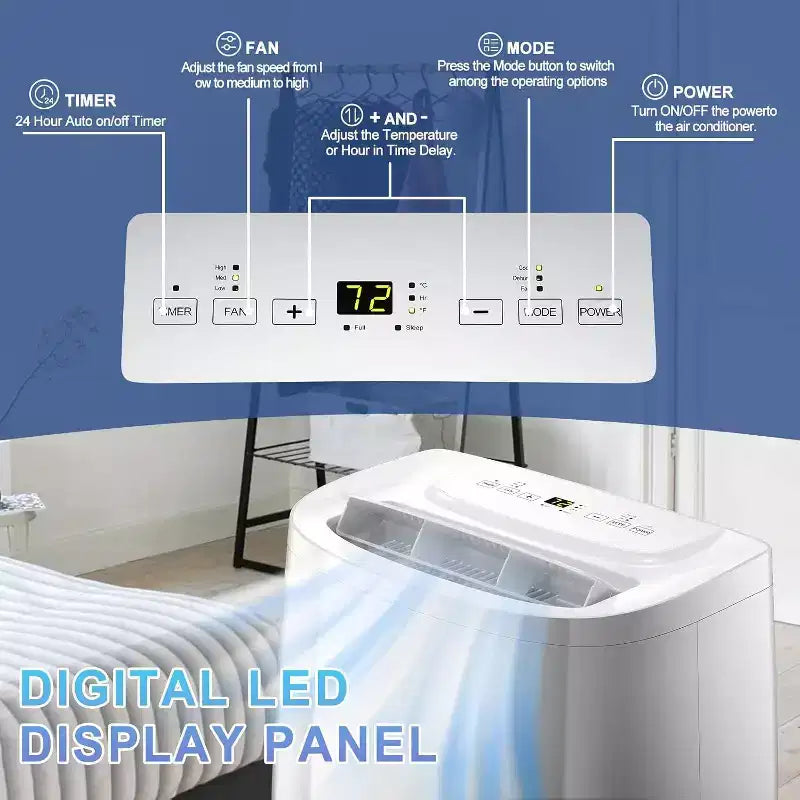 ¡Aire acondicionado portátil de 14,000 BTU con control remoto! Enfría habitaciones de hasta 65 m². Función 3 en 1, pantalla digital, temporizador de 24 horas, kit de instalación