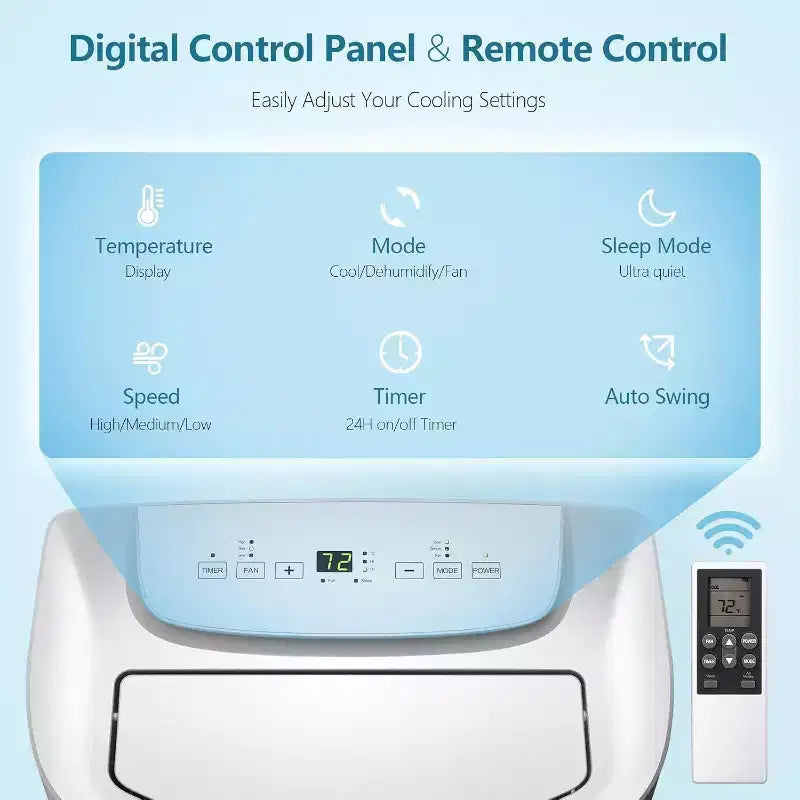 ¡Aire acondicionado portátil de 14,000 BTU con control remoto! Enfría habitaciones de hasta 65 m². Función 3 en 1, pantalla digital, temporizador de 24 horas, kit de instalación
