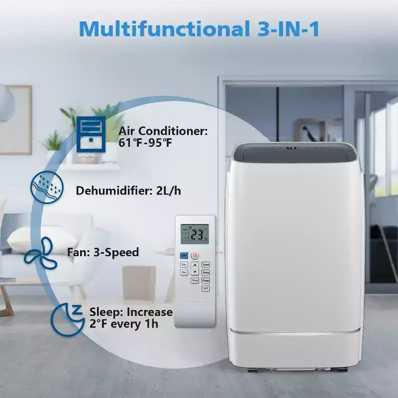 Aire Acondicionado Portátil, 12000 BTU para Habitación de hasta 51 m², Deshumidificador y Ventilador, AC Portátil con 3 Velocidades de Ventilador, Temporizador de 24H, Control Remoto