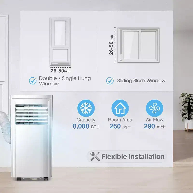 Aire acondicionado portátil R.W.FLAME de 8,000 BTU con control remoto, 3 en 1 con pantalla digital, temporizador de 24 horas, kit de instalación para el hogar
