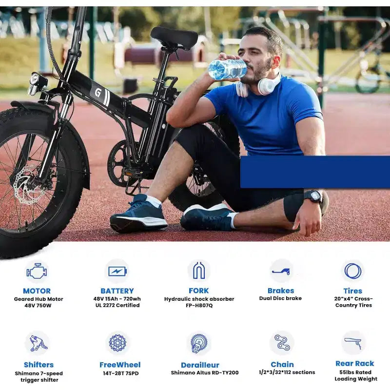 Bicicleta eléctrica para adultos, Ebike plegable con neumáticos gruesos de 20 x 4.0, batería extraíble de 48 V y 7 velocidades, ideal para ir al trabajo
