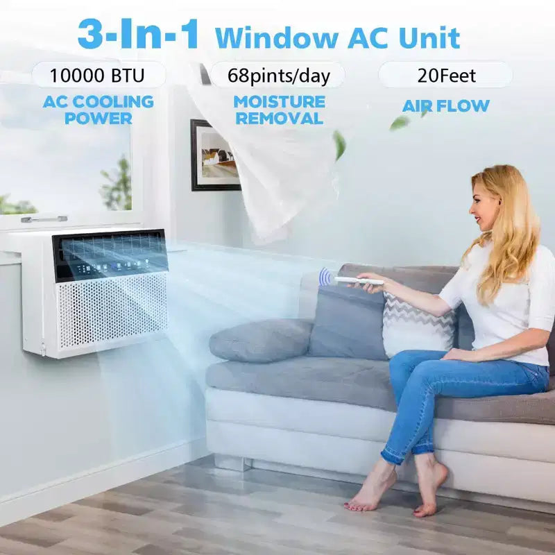 Aire acondicionado de ventana de 10000 BTU, unidad de ventana de CA 3 en 1 para habitaciones de hasta 450 pies cuadrados, modo de ahorro de energía, 3 velocidades de ventilador y funcionamiento silencioso