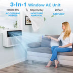 Aire acondicionado de ventana de 10000 BTU, unidad de ventana de CA 3 en 1 para habitaciones de hasta 450 pies cuadrados, modo de ahorro de energía, 3 velocidades de ventilador y funcionamiento silencioso