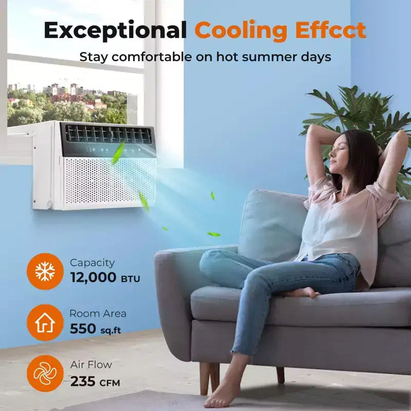 Aire Acondicionado de Ventana de 12000 BTU, Unidad de Ventana 3 en 1 para Enfriar Habitaciones de hasta 51 m², Modo de Ahorro de Energía, 3 Velocidades de Ventilador y Funcionamiento Silencioso