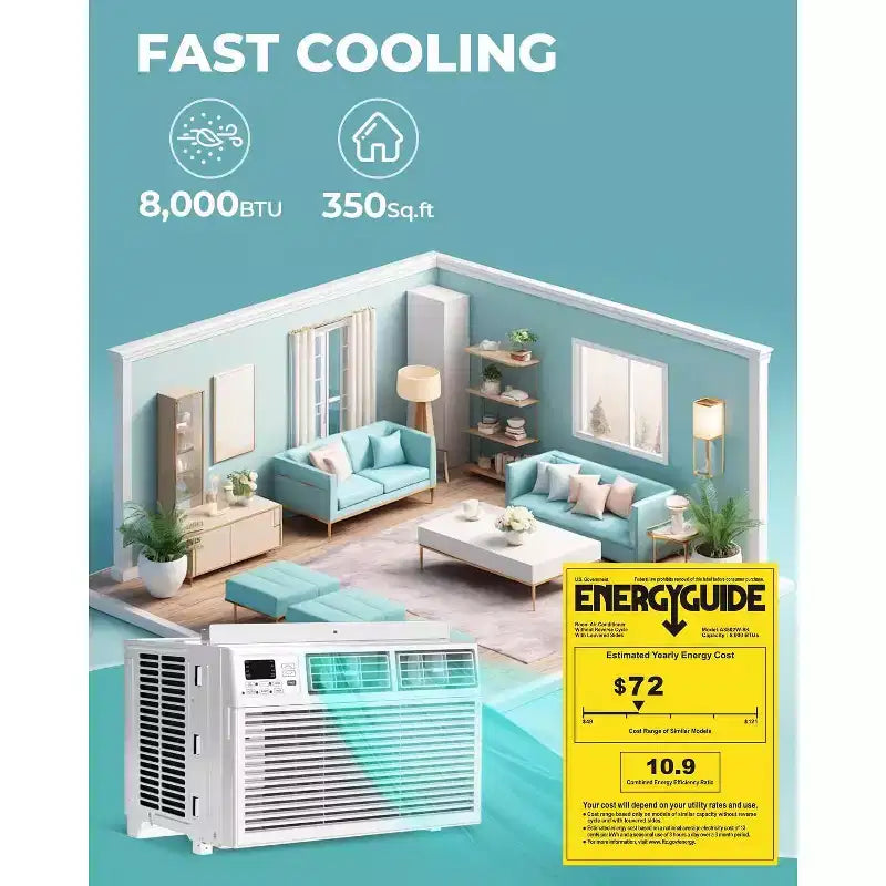 Acondicionador de aire de ventana de 8,000 BTU con control remoto, unidad de CA inteligente de ventana con deshumidificador, ventilador, ahorro de energía, para casa/sala de estar