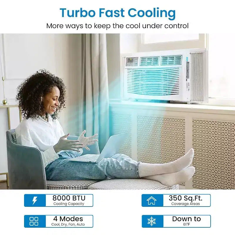 Aire acondicionado de ventana de 8000 BTU, unidad de CA 3 en 1 con control inteligente por aplicación y deshumidificador y 3 velocidades de ventilador y control remoto, enfría habitaciones de hasta 32.5 m²