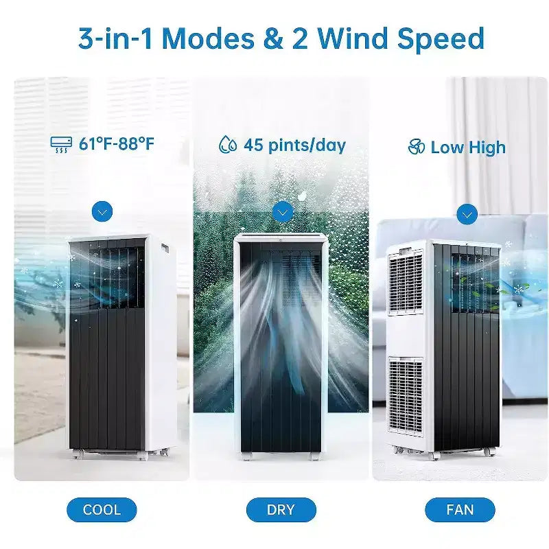 Garvee Aire acondicionado portátil de 8000 BTU, unidad de CA 3 en 1 con control remoto y deshumidificador, negro