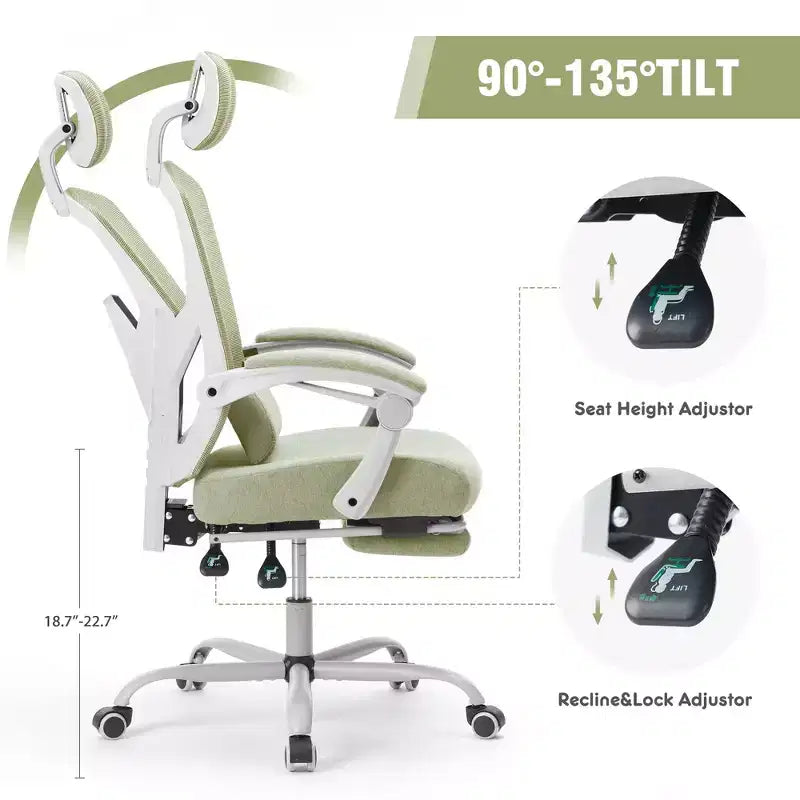 JIONJOY Silla Gaming Ergonómica de Malla con Reposapiés - Reclinable 90-135, Soporte Lumbar y Reposacabezas Ajustables