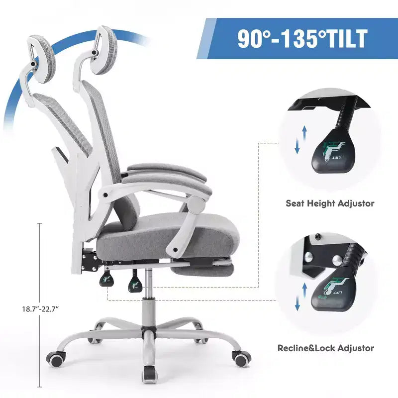 JIONJOY Silla Gaming Ergonómica de Malla con Reposapiés - Reclinable 90-135, Soporte Lumbar y Reposacabezas Ajustables