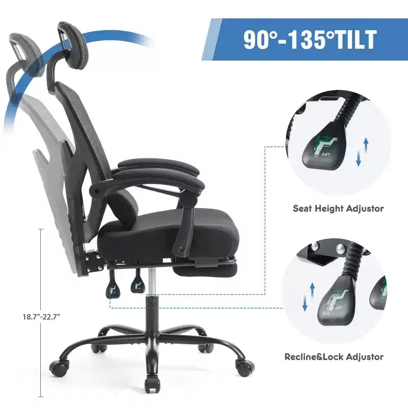 JIONJOY Silla Gaming Ergonómica de Malla con Reposapiés - Reclinable 90-135, Soporte Lumbar y Reposacabezas Ajustables