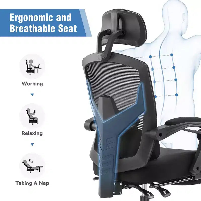 JIONJOY Silla Gaming Ergonómica de Malla con Reposapiés - Reclinable 90-135, Soporte Lumbar y Reposacabezas Ajustables