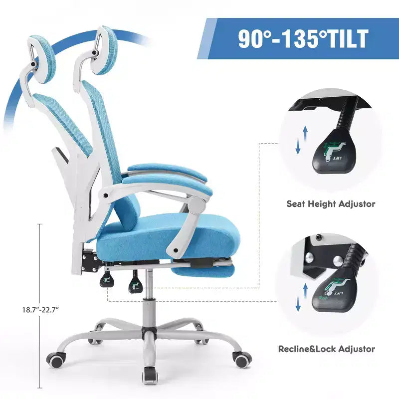 JIONJOY Silla Gaming Ergonómica de Malla con Reposapiés - Reclinable 90-135, Soporte Lumbar y Reposacabezas Ajustables