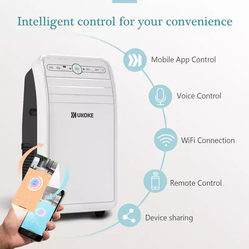 Aire Acondicionado Portátil Inteligente Ukoke USPC01W WiFi, 12,000 BTU, Control por App y Remoto, 4 en 1 Frío/Calor/Deshumidificador/Ventilador, para Habitaciones de hasta 37 m², Blanco