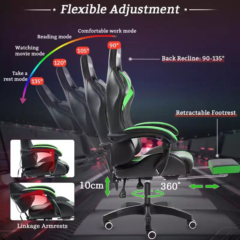 Sillón de oficina ergonómico Hoffree Comfort Massage Racing Gaming con reposapiés e iluminación RGB