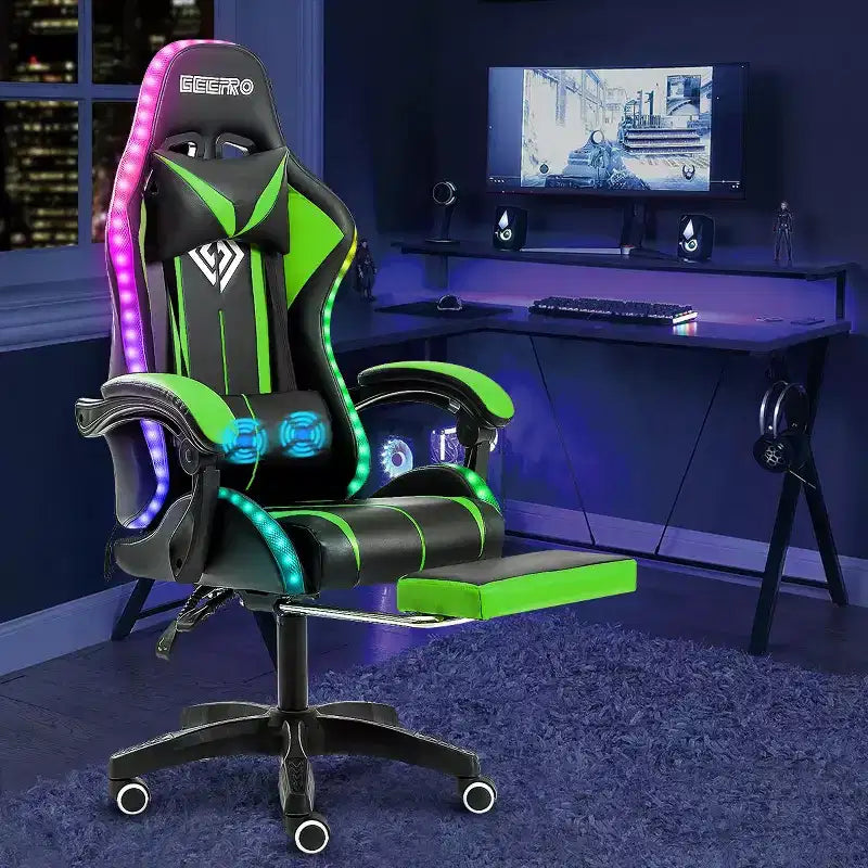 Sillón de oficina ergonómico Hoffree Comfort Massage Racing Gaming con reposapiés e iluminación RGB