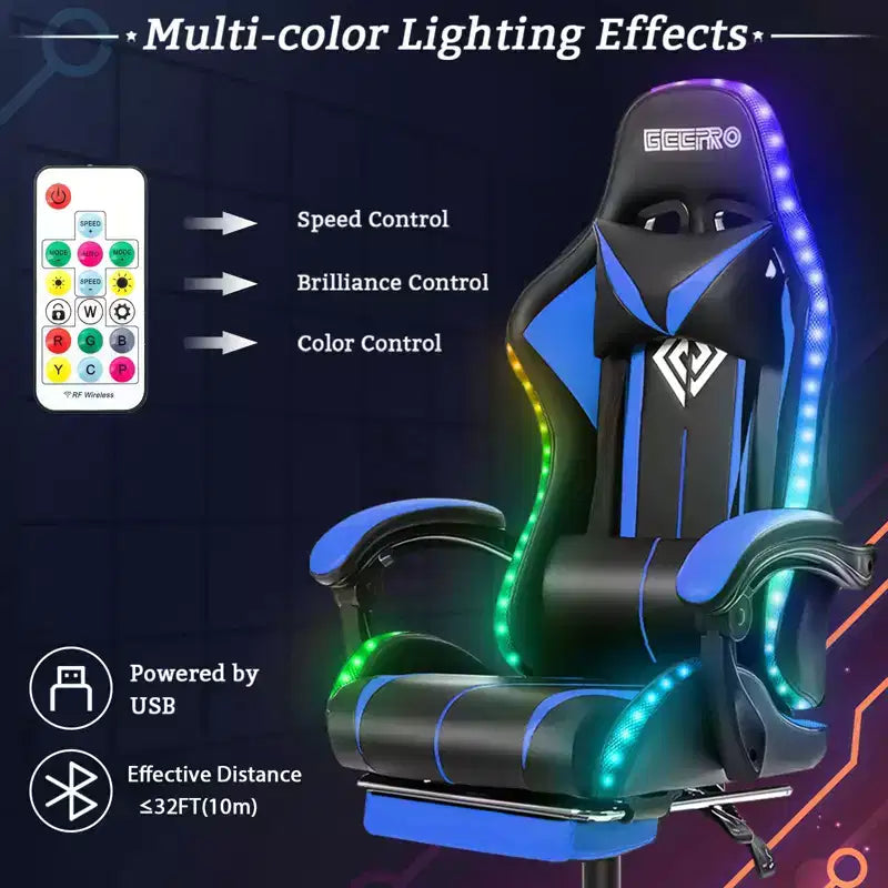 Sillón de oficina ergonómico Hoffree Comfort Massage Racing Gaming con reposapiés e iluminación RGB