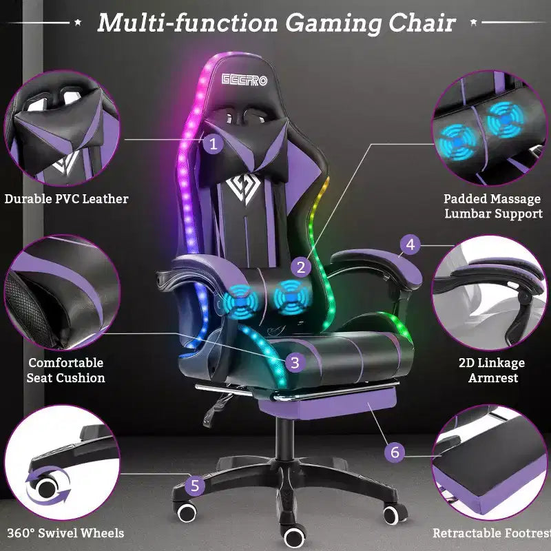 Sillón de oficina ergonómico Hoffree Comfort Massage Racing Gaming con reposapiés e iluminación RGB