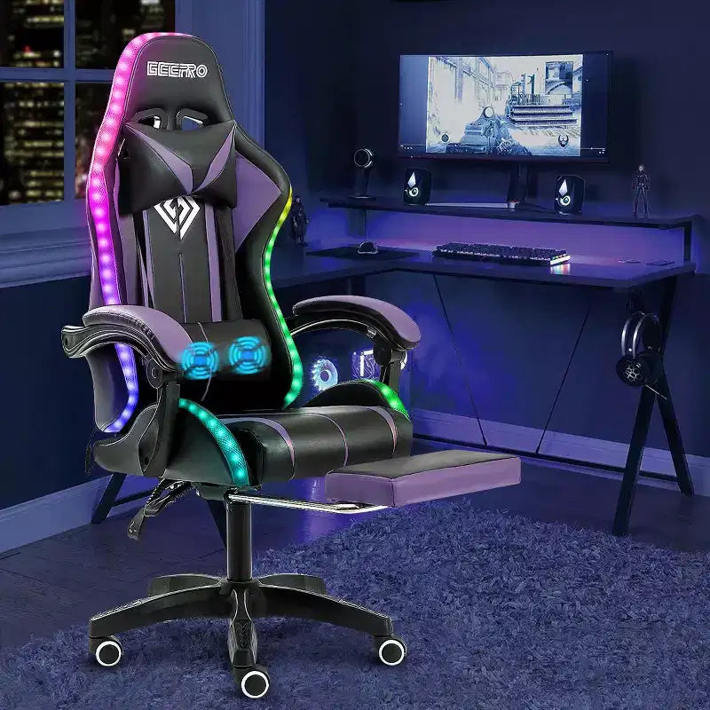 Sillón de oficina ergonómico Hoffree Comfort Massage Racing Gaming con reposapiés e iluminación RGB