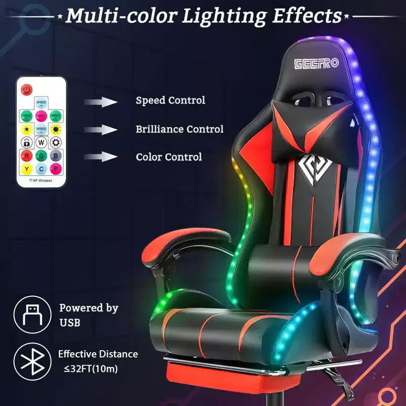Sillón de oficina ergonómico Hoffree Comfort Massage Racing Gaming con reposapiés e iluminación RGB