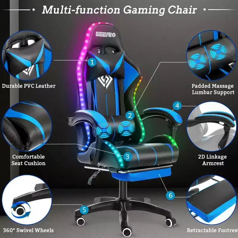 Sillón de oficina ergonómico Hoffree Comfort Massage Racing Gaming con reposapiés e iluminación RGB
