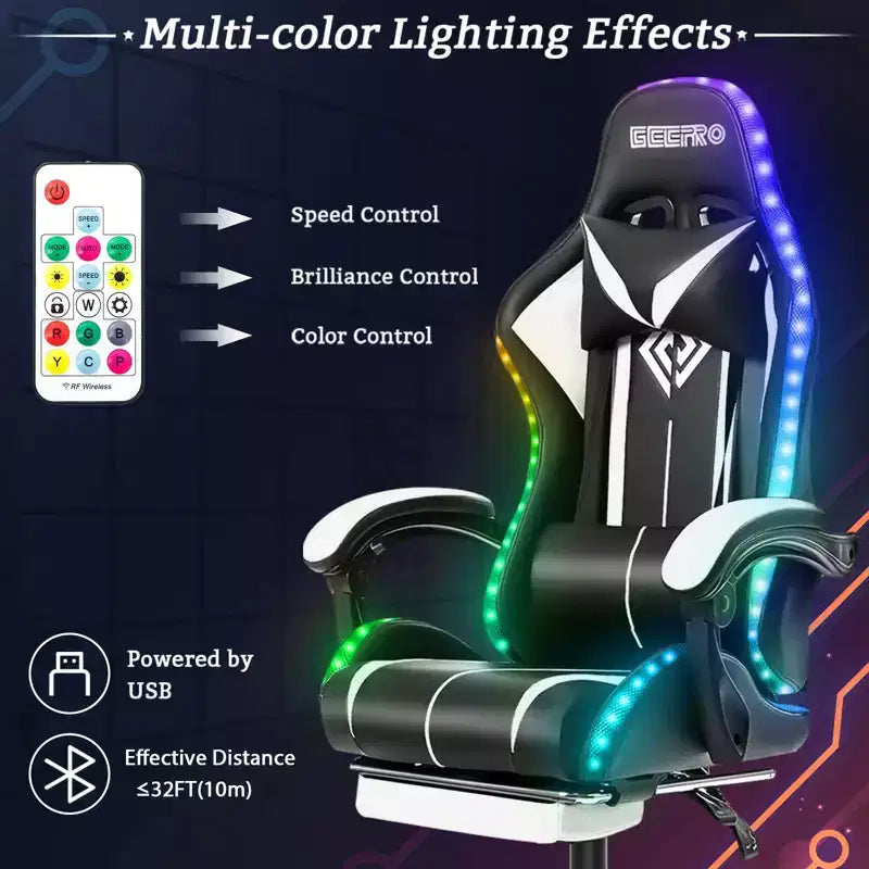 Sillón de oficina ergonómico Hoffree Comfort Massage Racing Gaming con reposapiés e iluminación RGB