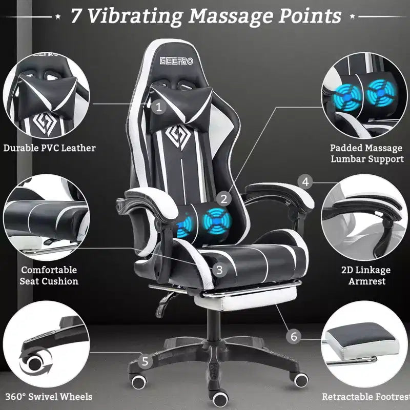 Sillón de oficina ergonómico Hoffree Comfort Massage Racing Gaming con reposapiés e iluminación RGB