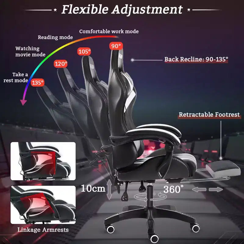 Sillón de oficina ergonómico Hoffree Comfort Massage Racing Gaming con reposapiés e iluminación RGB
