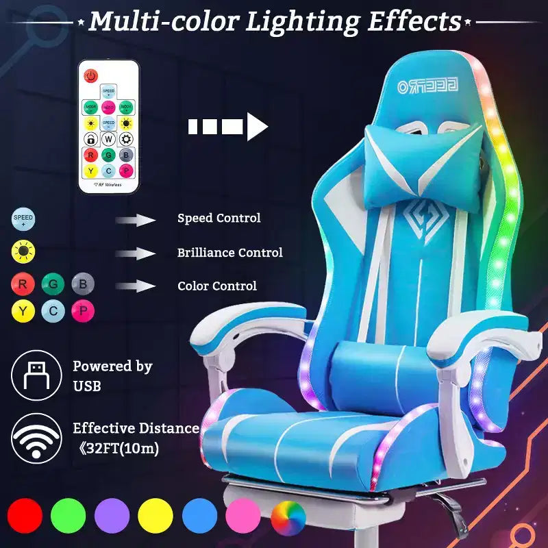 Sillón de oficina ergonómico Hoffree Comfort Massage Racing Gaming con reposapiés e iluminación RGB