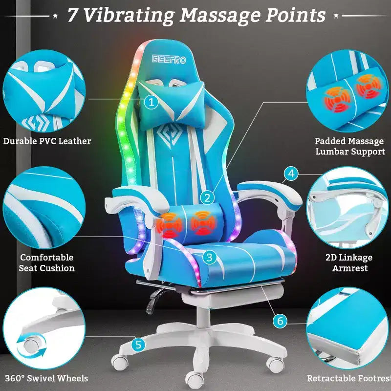 Sillón de oficina ergonómico Hoffree Comfort Massage Racing Gaming con reposapiés e iluminación RGB