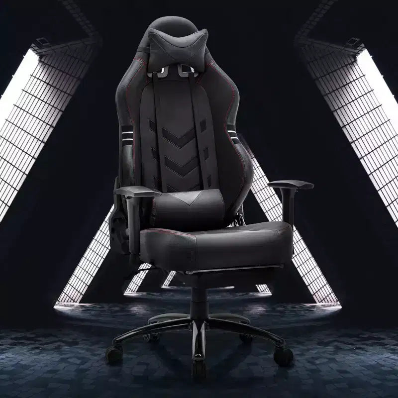 Silla gamer de cuero sintético a prueba de sudor con reposabrazos fijos, soporte lumbar y reposapiés doble