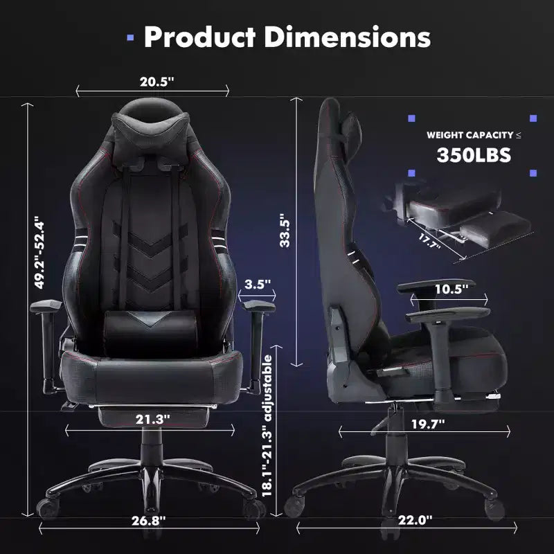 Silla gamer de cuero sintético a prueba de sudor con reposabrazos fijos, soporte lumbar y reposapiés doble