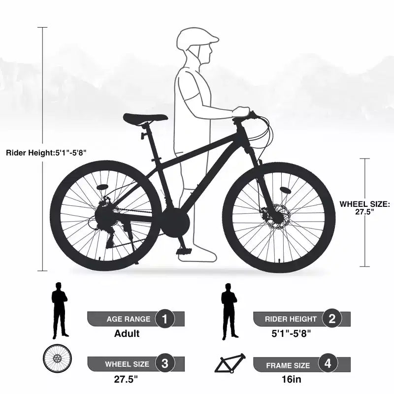 Bicicleta de montaña de 27,5 pulgadas, cuadro de aleación de aluminio, 21 velocidades, para ciudad, montaña, con frenos de disco dobles y horquilla de suspensión para mujeres y hombres