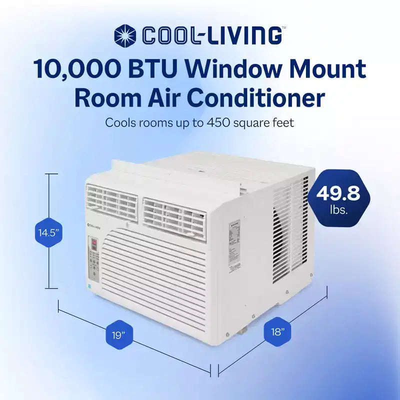 Acondicionador de aire de ventana Cool-Living de 10.000 BTU con kit de instalación y control remoto, enfría habitaciones de hasta 41,8 metros cuadrados, blanco