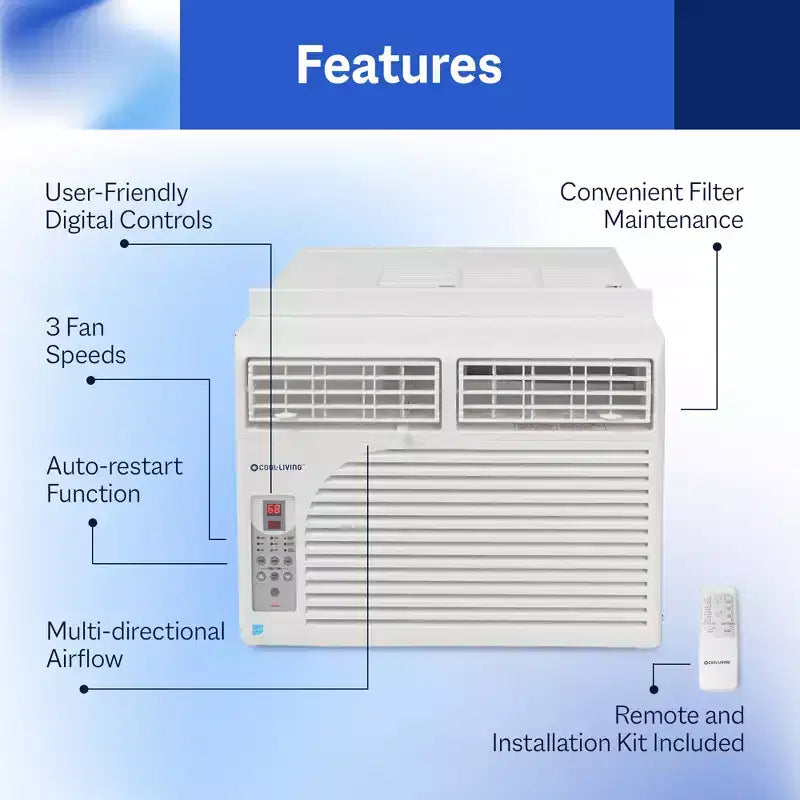 Acondicionador de aire de ventana Cool-Living de 10.000 BTU con kit de instalación y control remoto, enfría habitaciones de hasta 41,8 metros cuadrados, blanco