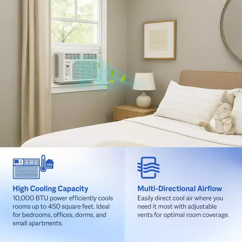 Acondicionador de aire de ventana Cool-Living de 10.000 BTU con kit de instalación y control remoto, enfría habitaciones de hasta 41,8 metros cuadrados, blanco