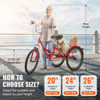 Triciclo plegable VEVOR para adultos, triciclo plegable para adultos de 24 pulgadas, bicicleta cruiser de 3 ruedas de acero al carbono con cesta grande y asiento ajustable