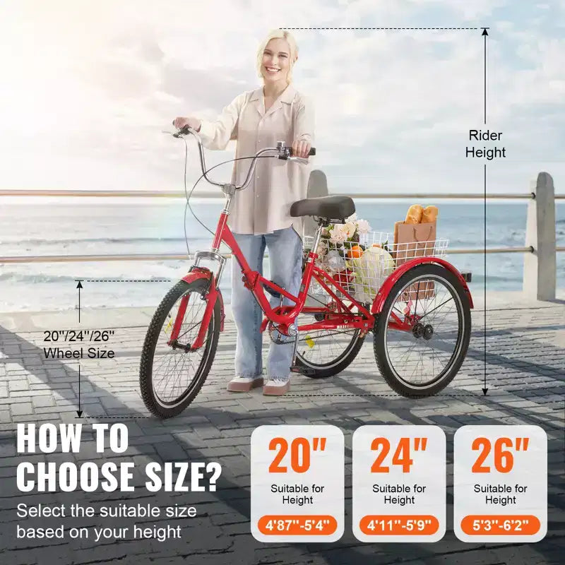 Triciclo plegable VEVOR para adultos, triciclo plegable para adultos de 24 pulgadas, bicicleta cruiser de 3 ruedas de acero al carbono con cesta grande y asiento ajustable