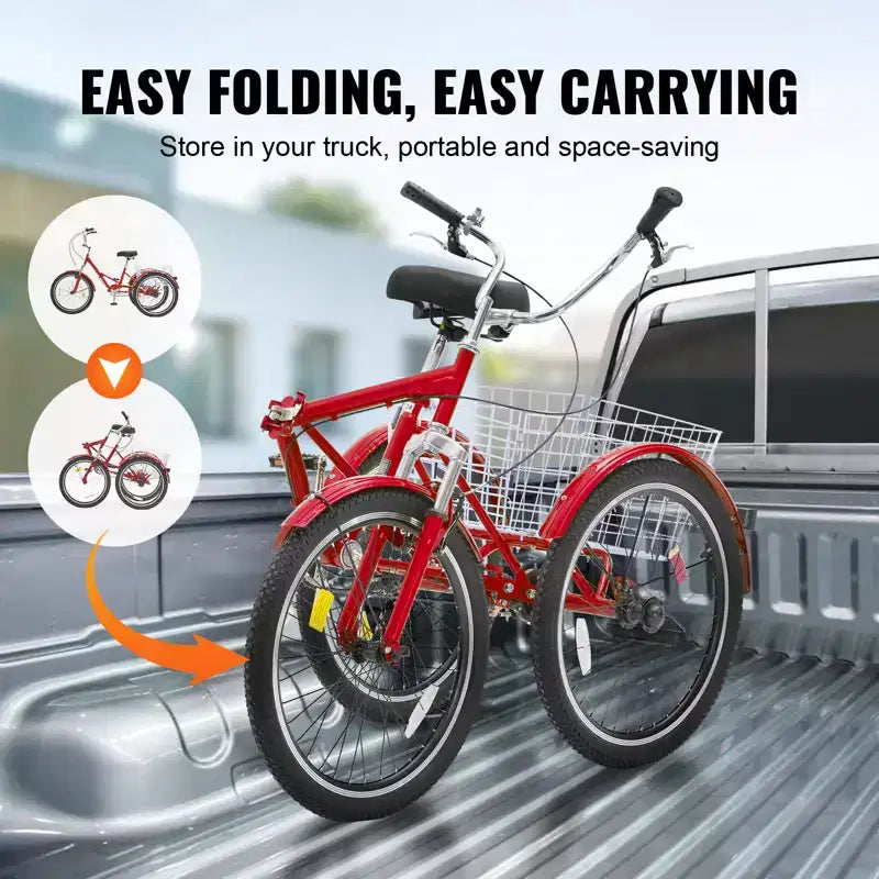 Triciclo plegable VEVOR para adultos, triciclo plegable para adultos de 24 pulgadas, bicicleta cruiser de 3 ruedas de acero al carbono con cesta grande y asiento ajustable