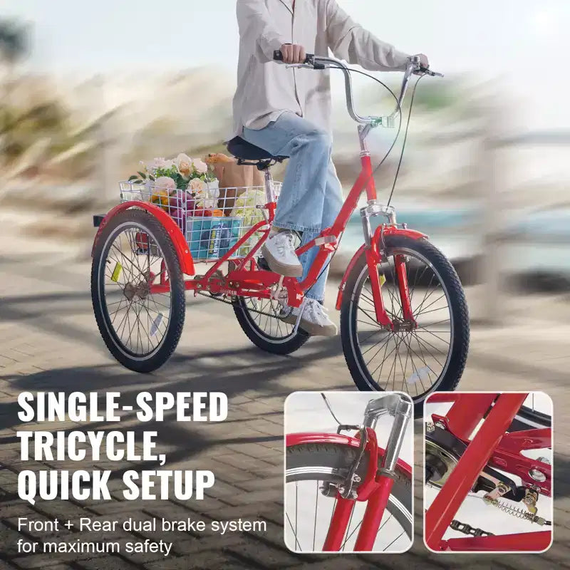 Triciclo plegable VEVOR para adultos, triciclo plegable para adultos de 24 pulgadas, bicicleta cruiser de 3 ruedas de acero al carbono con cesta grande y asiento ajustable
