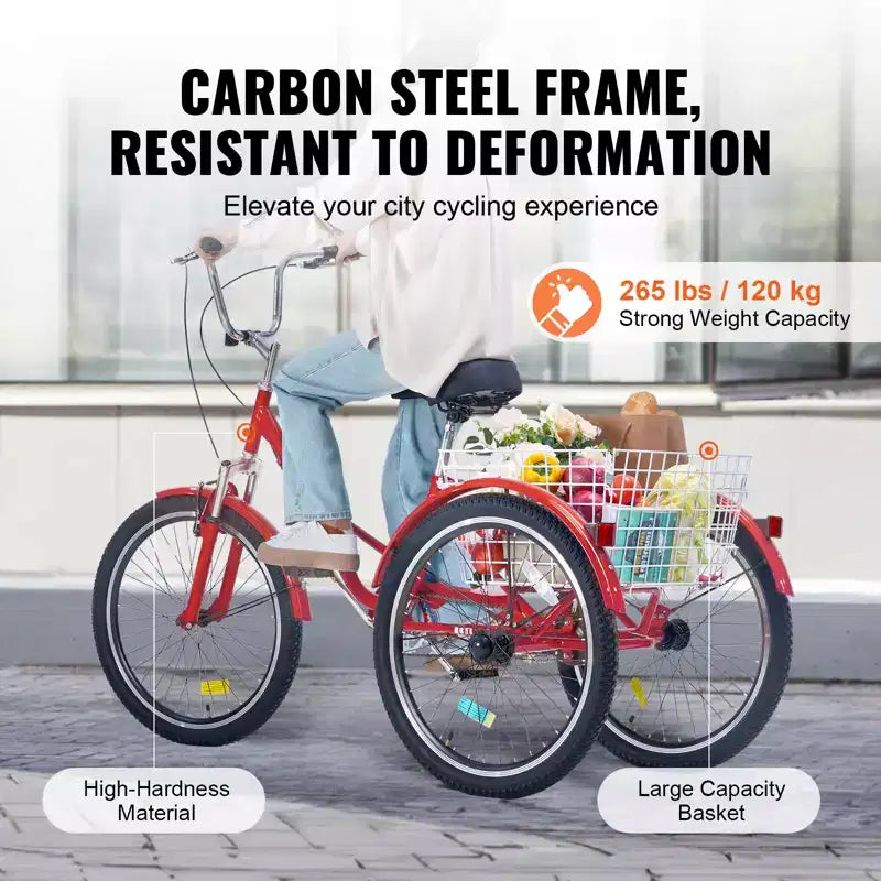 Triciclo plegable VEVOR para adultos, triciclo plegable para adultos de 24 pulgadas, bicicleta cruiser de 3 ruedas de acero al carbono con cesta grande y asiento ajustable