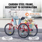Triciclo plegable VEVOR para adultos, triciclo plegable para adultos de 24 pulgadas, bicicleta cruiser de 3 ruedas de acero al carbono con cesta grande y asiento ajustable