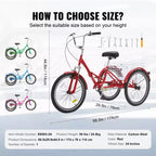 Triciclo plegable VEVOR para adultos, triciclo plegable para adultos de 24 pulgadas, bicicleta cruiser de 3 ruedas de acero al carbono con cesta grande y asiento ajustable