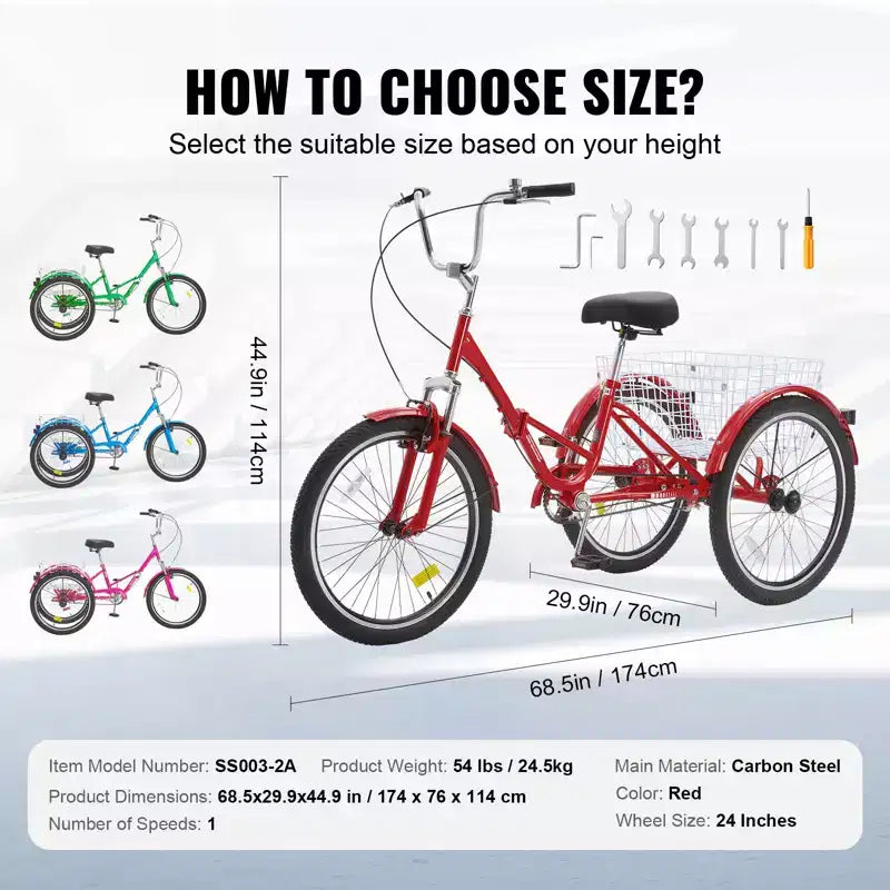 Triciclo plegable VEVOR para adultos, triciclo plegable para adultos de 24 pulgadas, bicicleta cruiser de 3 ruedas de acero al carbono con cesta grande y asiento ajustable