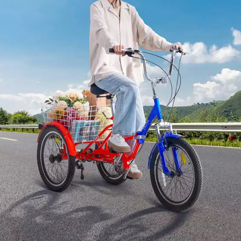 VEVOR Triciclo Plegable para Adultos, Triciclos Plegables para Adultos de 20 Pulgadas y 7 Velocidades, Bicicleta de Crucero de 3 Ruedas de Acero al Carbono con Cesta Grande y Asiento Ajustable