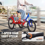 VEVOR Triciclo Plegable para Adultos, Triciclos Plegables para Adultos de 20 Pulgadas y 7 Velocidades, Bicicleta de Crucero de 3 Ruedas de Acero al Carbono con Cesta Grande y Asiento Ajustable