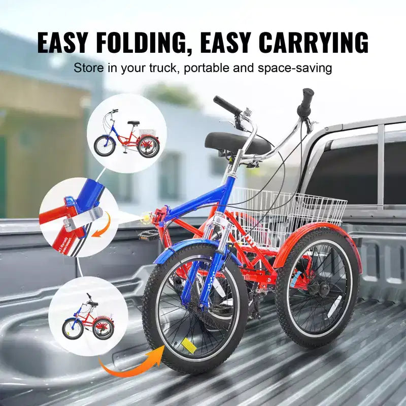 VEVOR Triciclo Plegable para Adultos, Triciclos Plegables para Adultos de 20 Pulgadas y 7 Velocidades, Bicicleta de Crucero de 3 Ruedas de Acero al Carbono con Cesta Grande y Asiento Ajustable