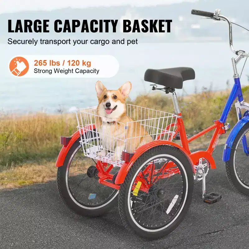 VEVOR Triciclo Plegable para Adultos, Triciclos Plegables para Adultos de 20 Pulgadas y 7 Velocidades, Bicicleta de Crucero de 3 Ruedas de Acero al Carbono con Cesta Grande y Asiento Ajustable